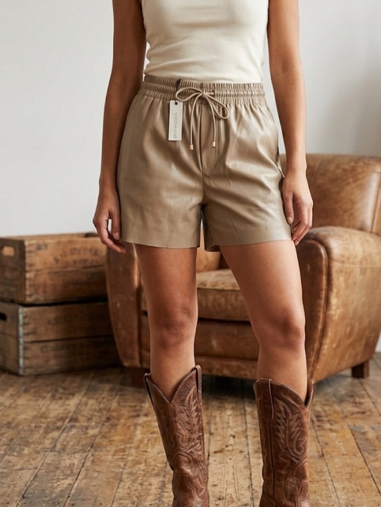 Olivaceous Pants - NWT Olivaceous Faux Leather High-Waist Drawstring Shorts with pockets -Tan